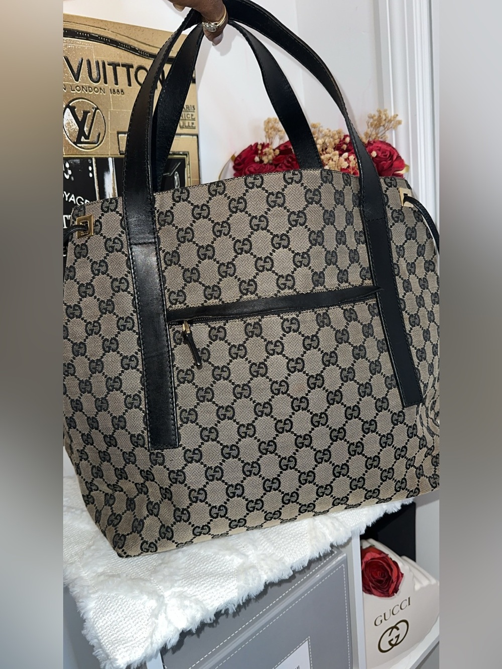 Gucci Brown Beige GG Canvas Tote with Black/blue Leather Trim